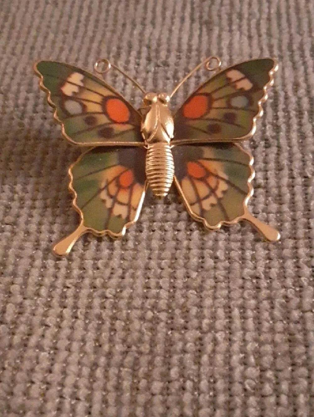 Gold-Tone Green & Orange Enamel Butterfly Brooch